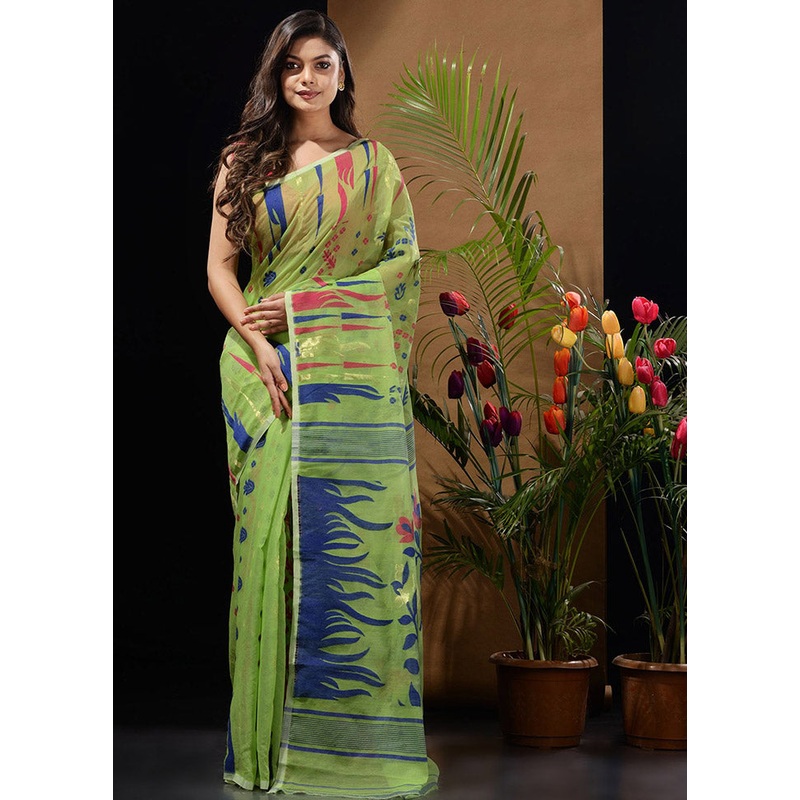 Light Green Tant Jamdani Saree Without Blouse Piece - JD986596502