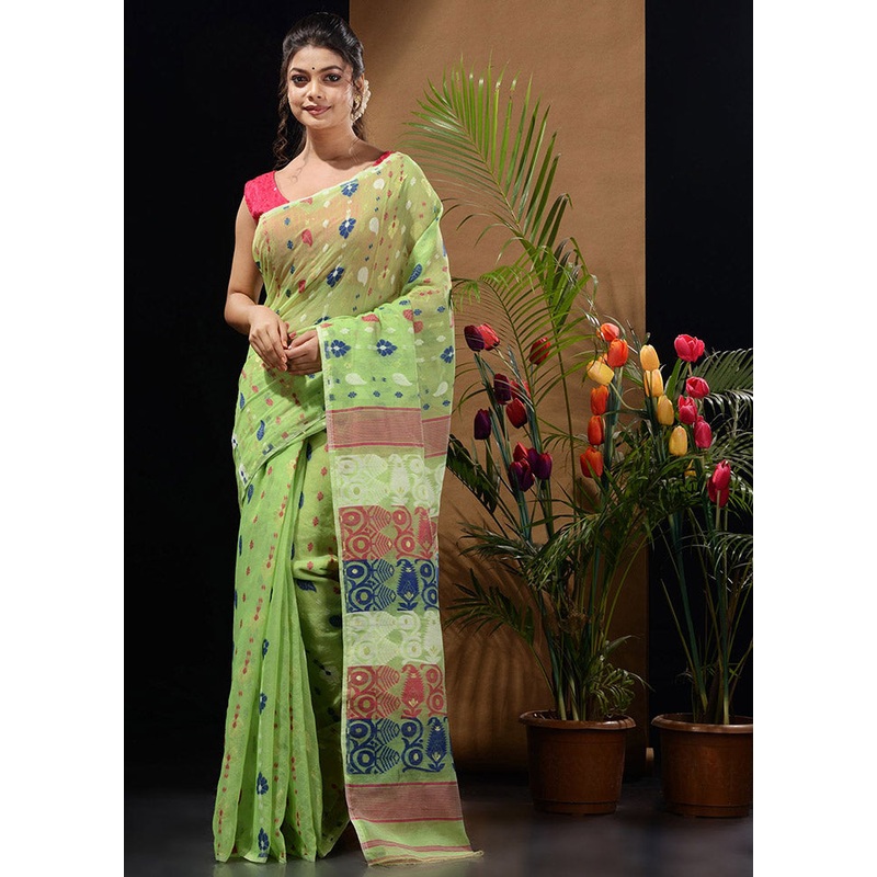 Light Green Tant Jamdani Saree Without Blouse Piece - JD986596548