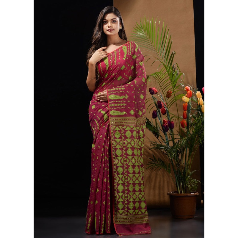 Magenta Tant Jamdani Saree Without Blouse Piece - JD986596505