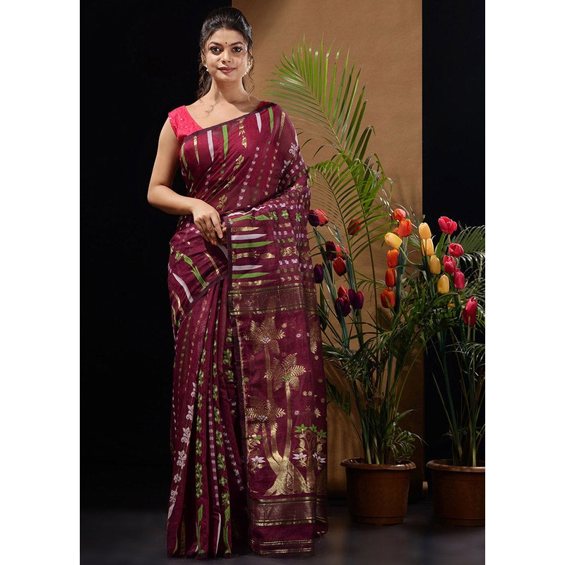 Magenta Tant Jamdani Saree Without Blouse Piece - JD986596522