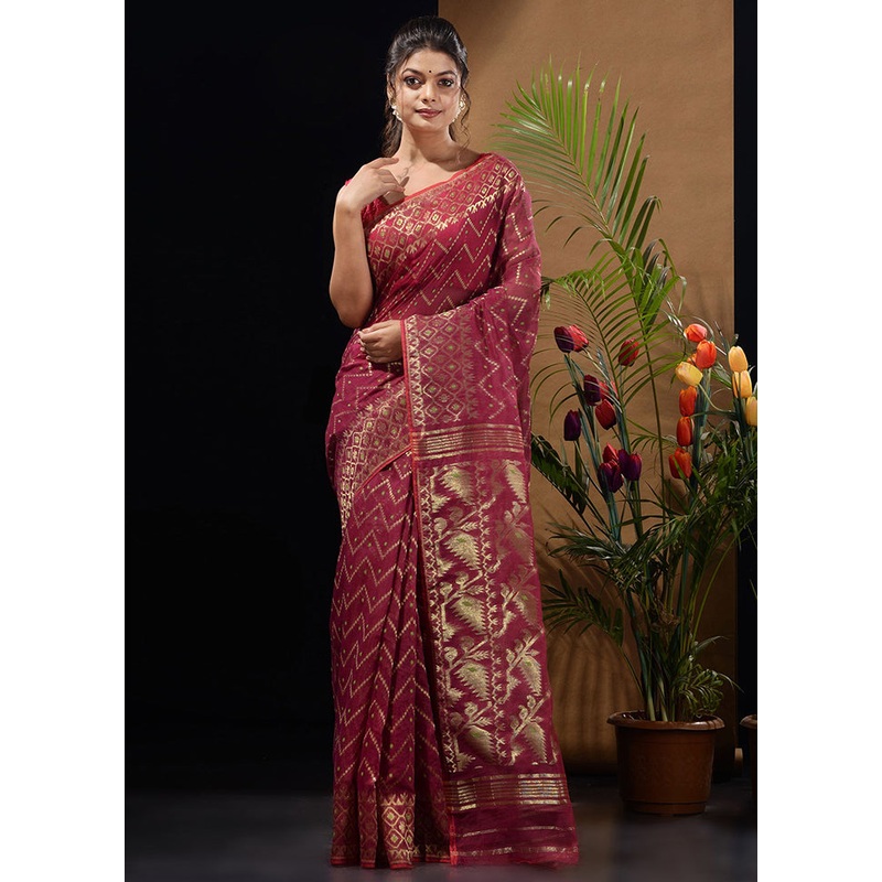 Magenta Tant Jamdani Saree Without Blouse Piece - JD986596543