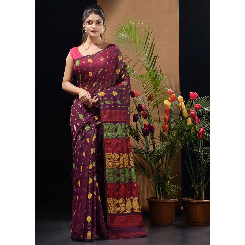 Magenta Tant Jamdani Saree Without Blouse Piece - JD986596549