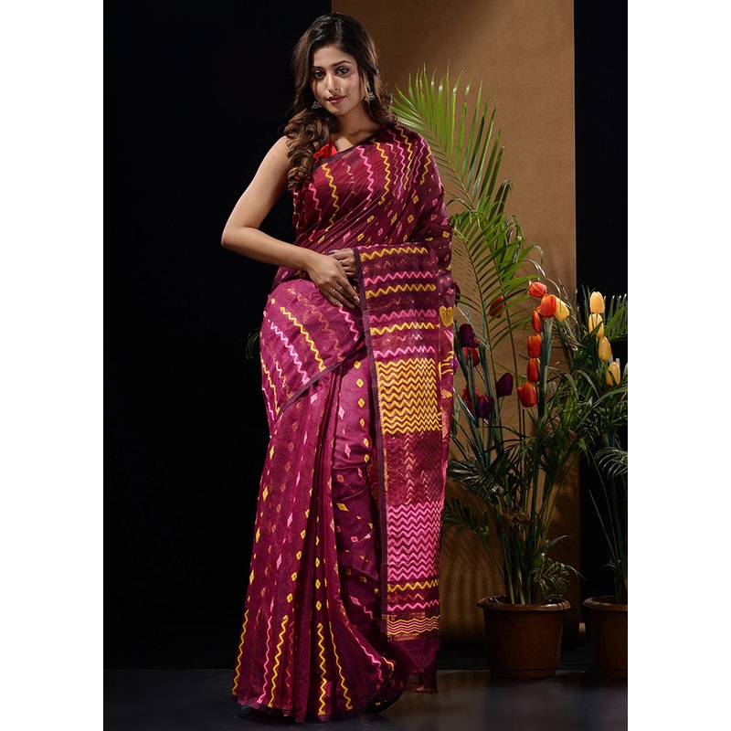 Magenta Tant Jamdani Saree Without Blouse Piece - JD986596606