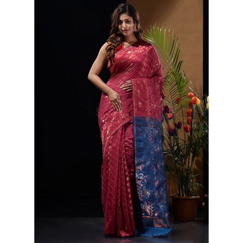Magenta Tant Jamdani Saree Without Blouse Piece - JD986596612