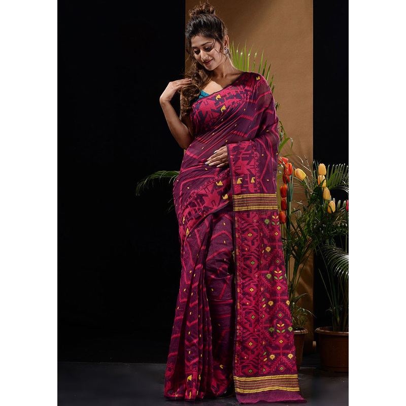 Magenta Tant Jamdani Saree Without Blouse Piece - JD986596620