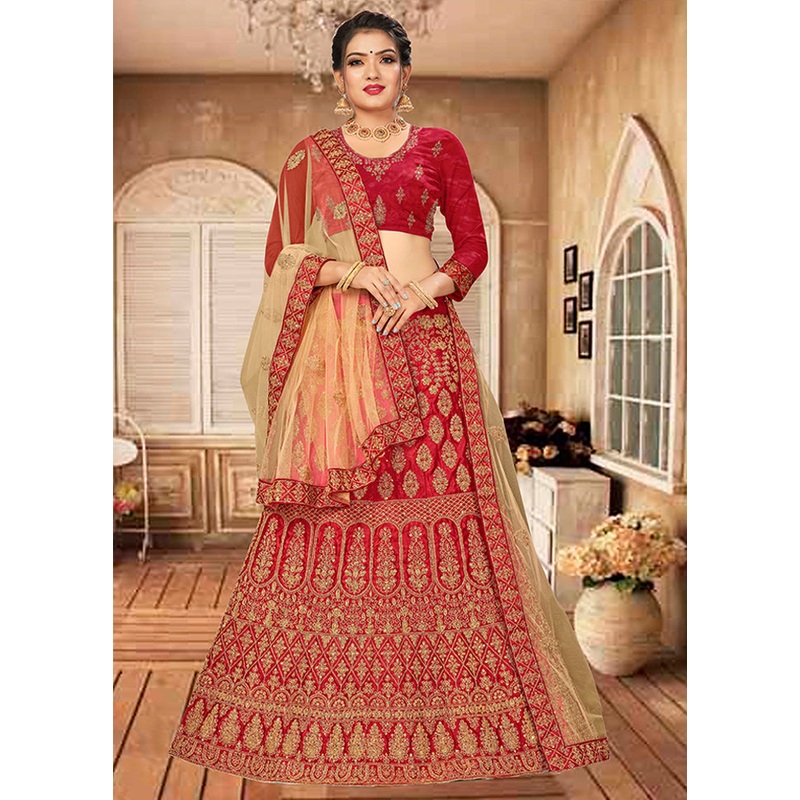 Maroon Semi Stitched Blended Silk Lehenga Choli Set With Dupatta - JD986596484