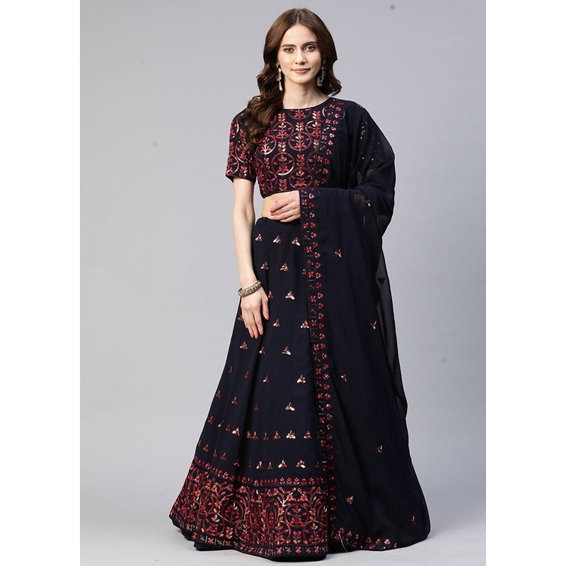 Navy Blue Semi Stitched Georgette Lehenga Choli Set With Dupatta - JD986596473