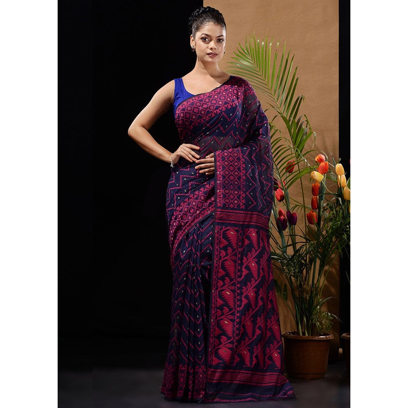 Navy Blue Tant Jamdani Saree Without Blouse Piece - JD986596526