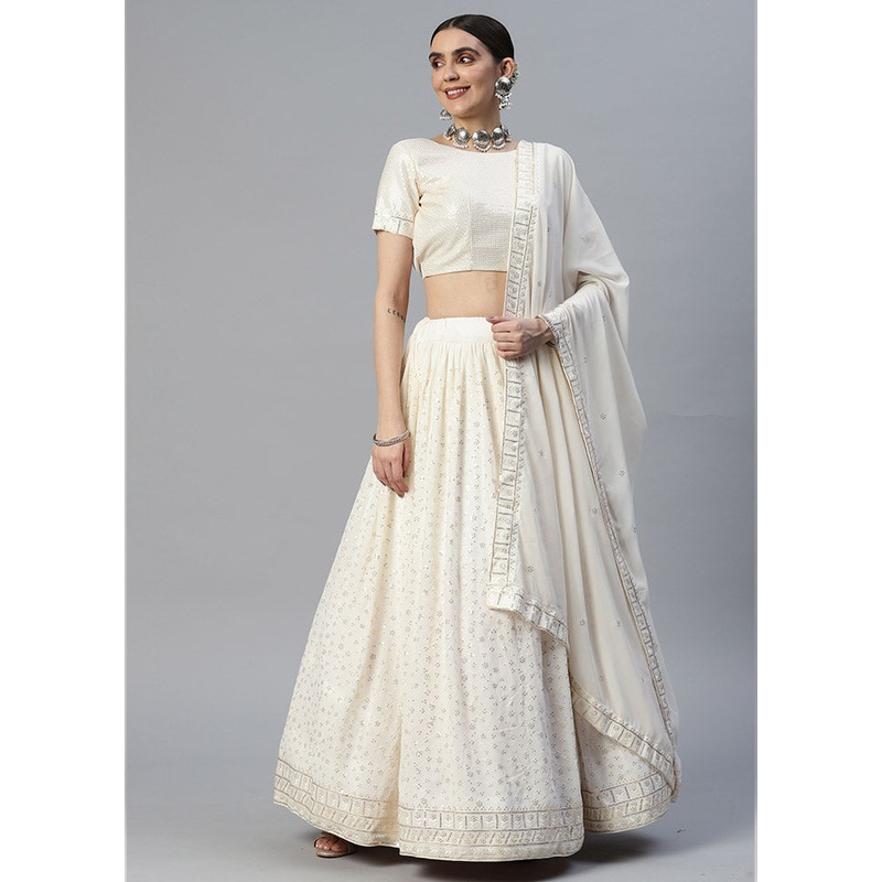 Off White Semi Stitched Georgette Lehenga Choli Set With Dupatta - JD986596471