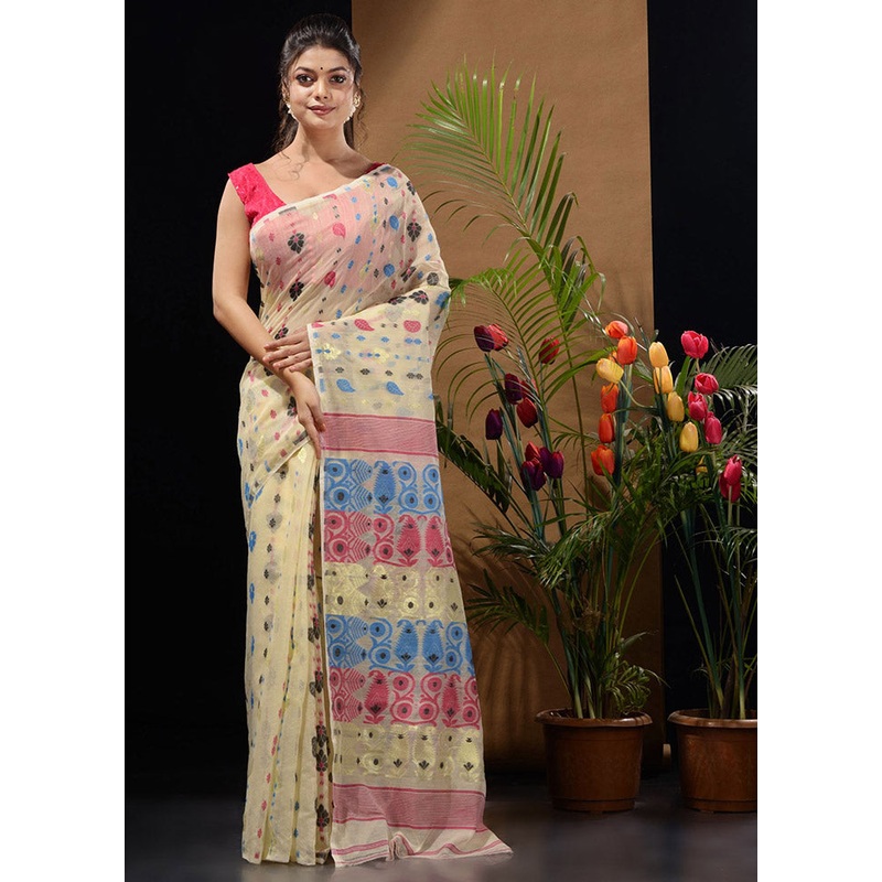 Off White Tant Jamdani Saree Without Blouse Piece - JD986596544