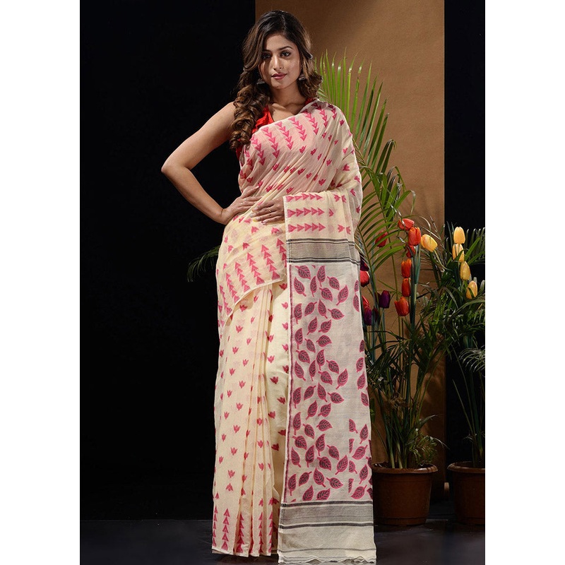 Off White Tant Jamdani Saree Without Blouse Piece - JD986596599