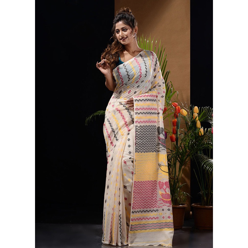 Off White Tant Jamdani Saree Without Blouse Piece - JD986596605