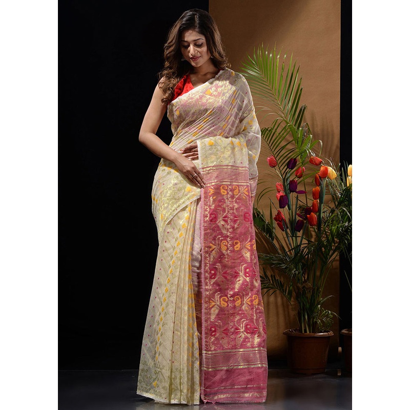 Off White Tant Jamdani Saree Without Blouse Piece - JD986596618