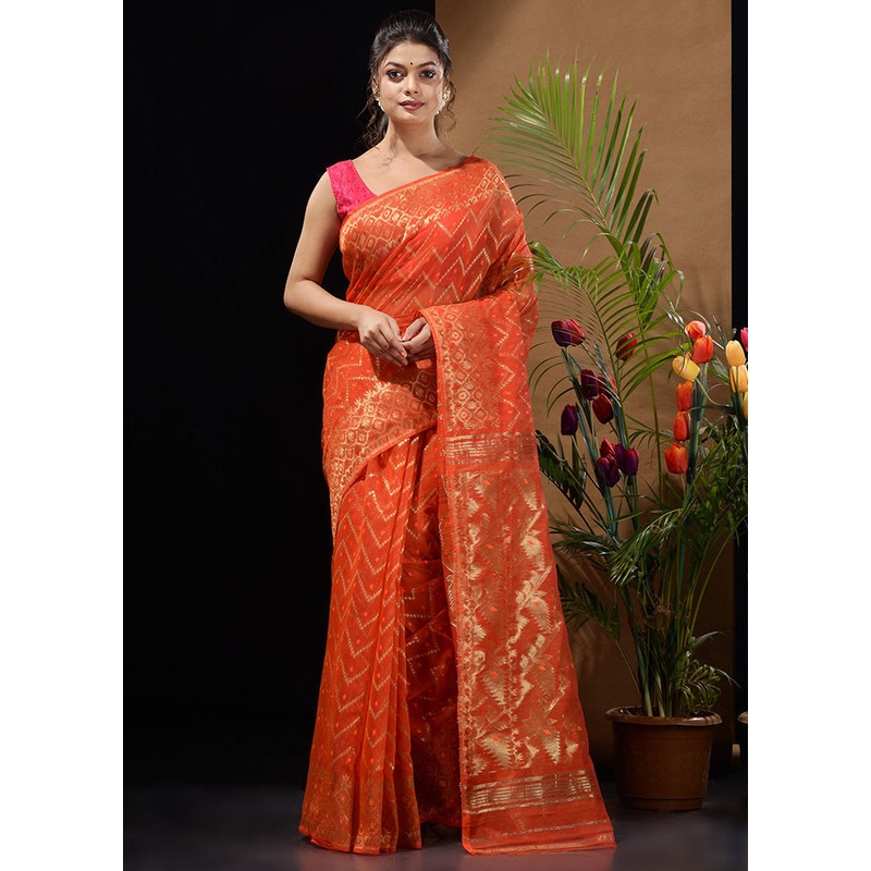 Orange Tant Jamdani Saree Without Blouse Piece - JD986596540