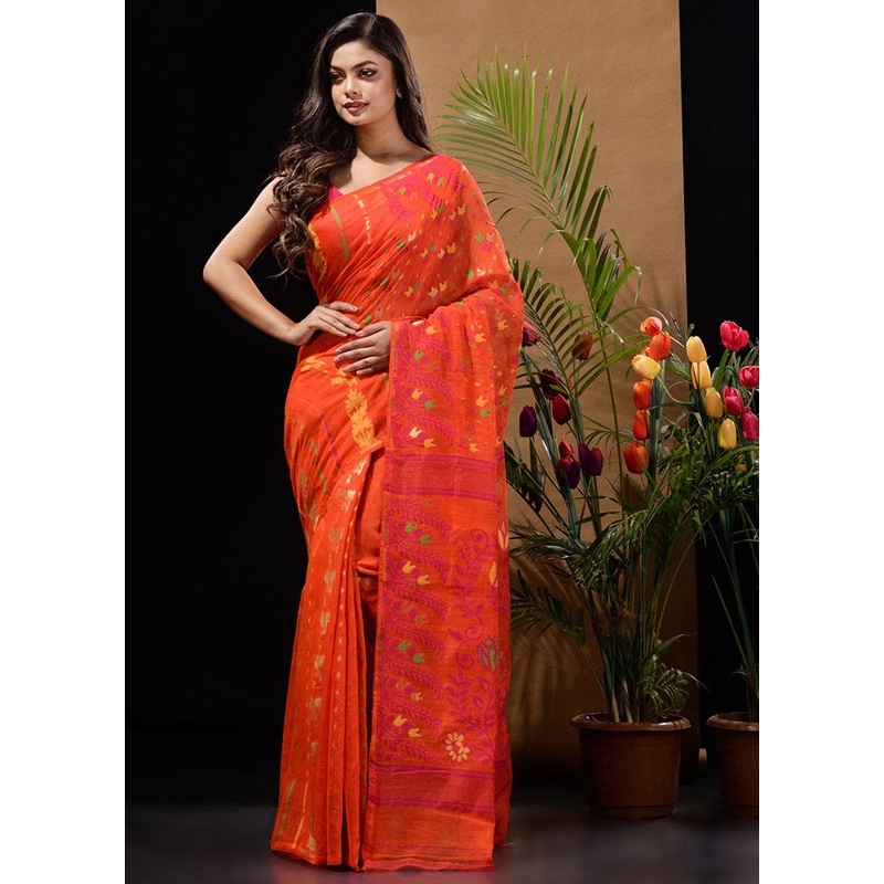 Orange Tant Jamdani Saree Without Blouse Piece - JD986596634