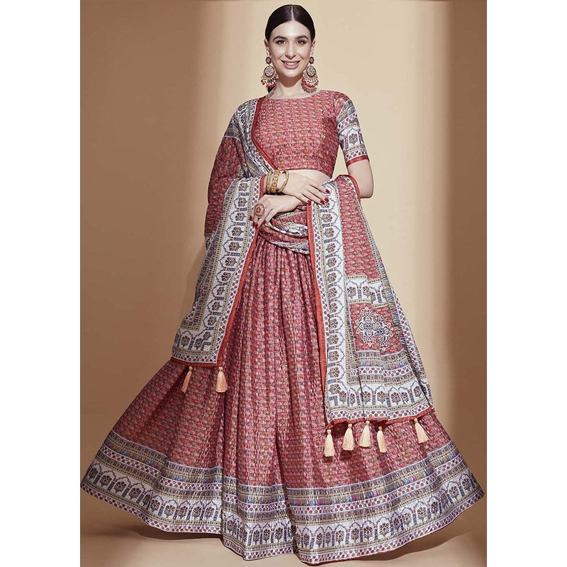 Peach Semi Stitched Blended Silk Lehenga Choli Set With Dupatta - JD986596476