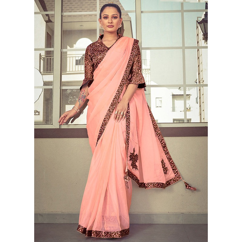 Peach Spun Silk Saree With Blouse Piece - JD986596493