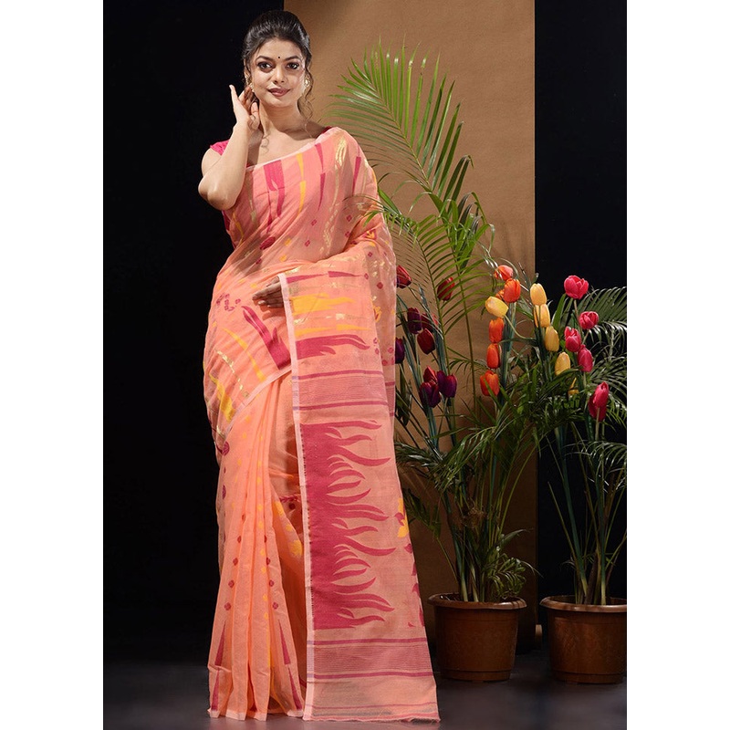 Peach Tant Jamdani Saree Without Blouse Piece - JD986596496