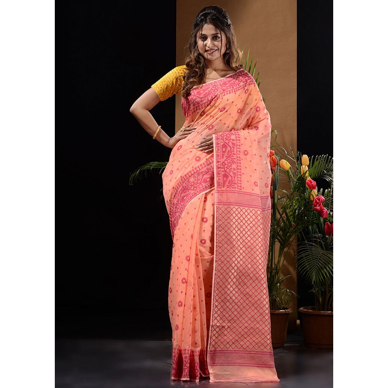 Peach Tant Jamdani Saree Without Blouse Piece - JD986596566