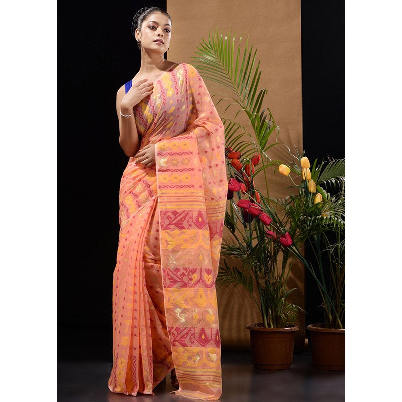 Peach Tant Jamdani Saree Without Blouse Piece - JD986596576