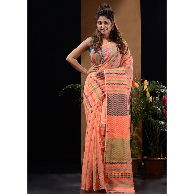 Peach Tant Jamdani Saree Without Blouse Piece - JD986596607