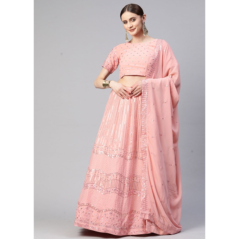 Pink Semi Stitched Georgette Lehenga Choli Set With Dupatta - JD986596474