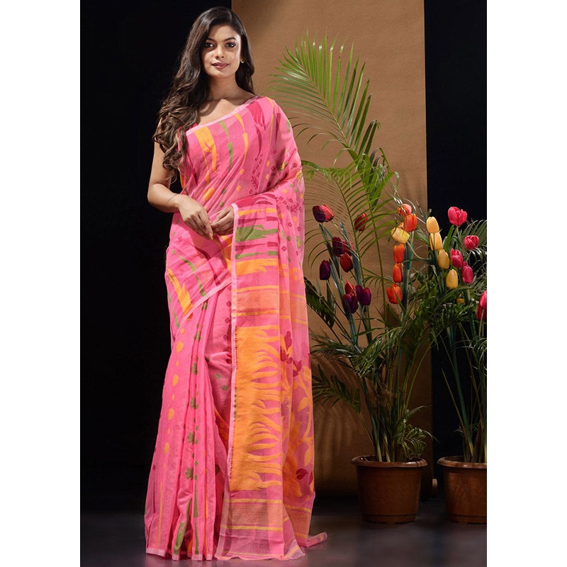 Pink Tant Jamdani Saree Without Blouse Piece - JD986596498