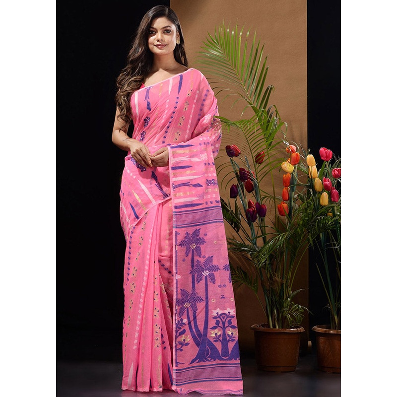 Pink Tant Jamdani Saree Without Blouse Piece - JD986596524