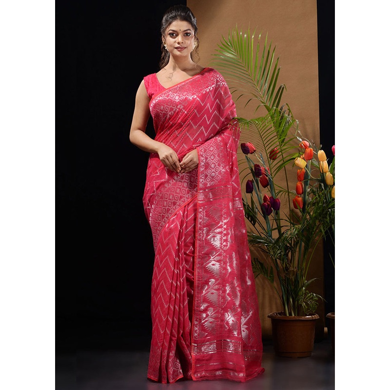 Pink Tant Jamdani Saree Without Blouse Piece - JD986596539