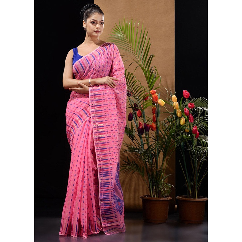 Pink Tant Jamdani Saree Without Blouse Piece - JD986596565