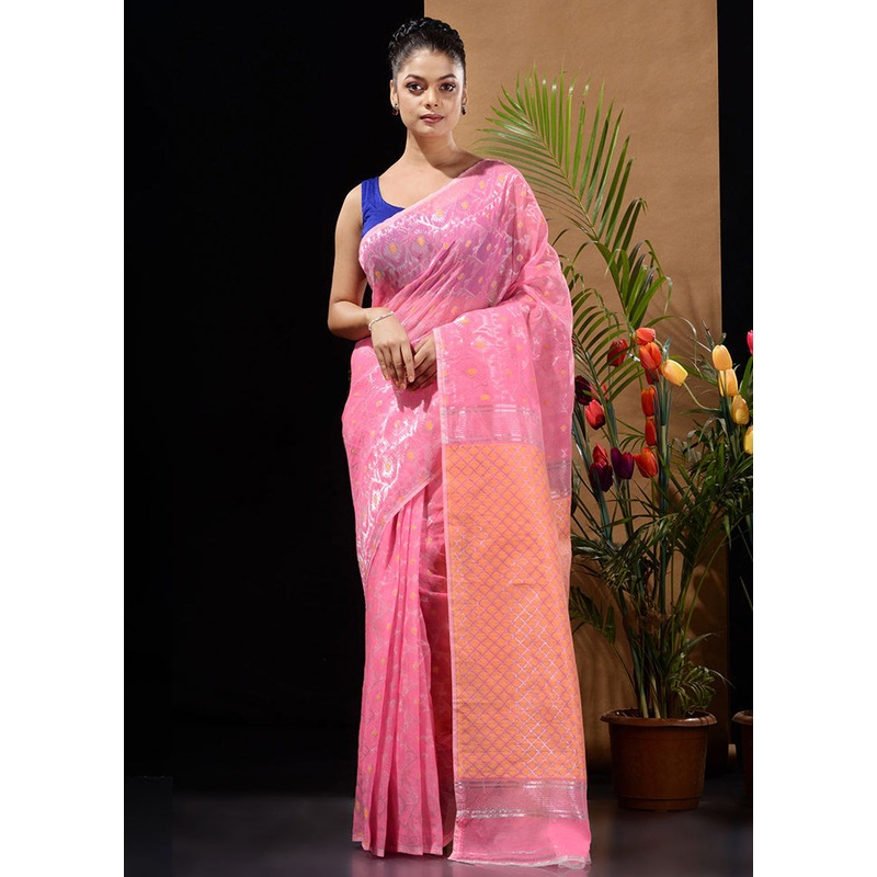 Pink Tant Jamdani Saree Without Blouse Piece - JD986596572