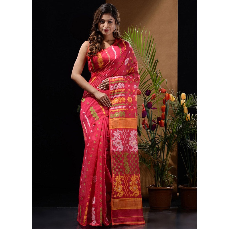 Pink Tant Jamdani Saree Without Blouse Piece - JD986596595
