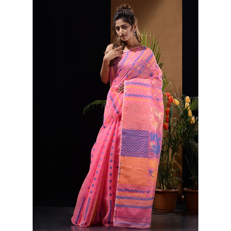 Pink Tant Jamdani Saree Without Blouse Piece - JD986596603