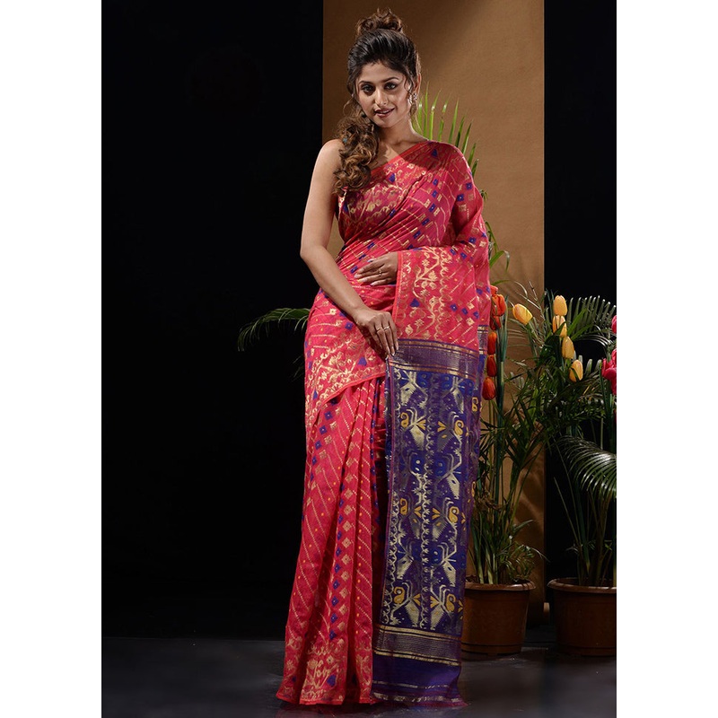 Pink Tant Jamdani Saree Without Blouse Piece - JD986596613