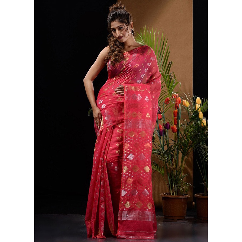 Pink Tant Jamdani Saree Without Blouse Piece - JD986596631