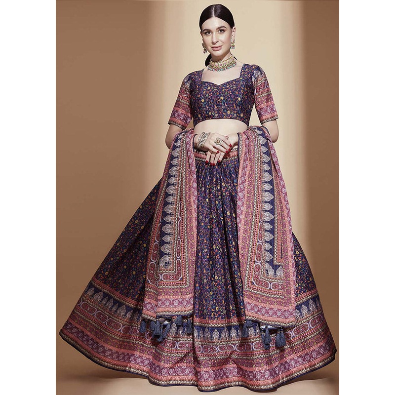 Purple Semi Stitched Blended Silk Lehenga Choli Set With Dupatta - JD986596475
