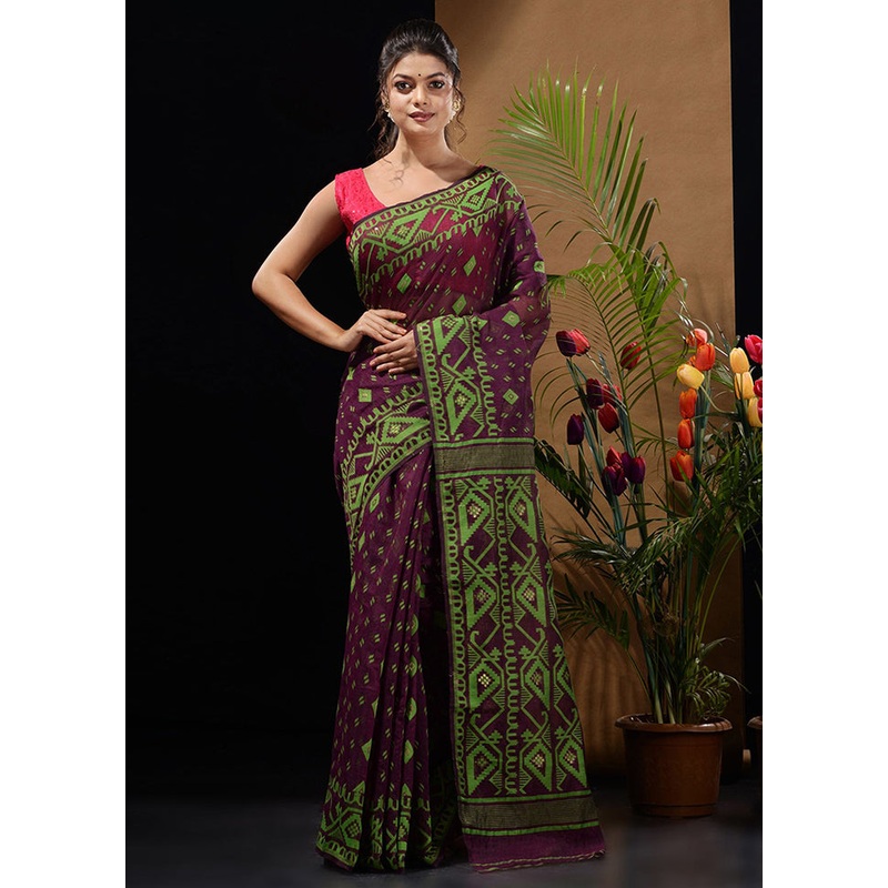 Purple Tant Jamdani Saree Without Blouse Piece - JD986596512