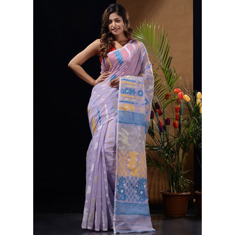 Purple Tant Jamdani Saree Without Blouse Piece - JD986596594