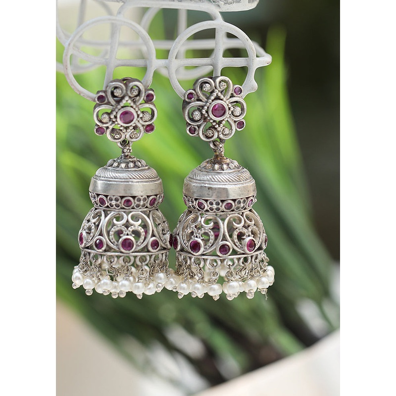 Red Kundan Work Brass Jhumka - JD986596647