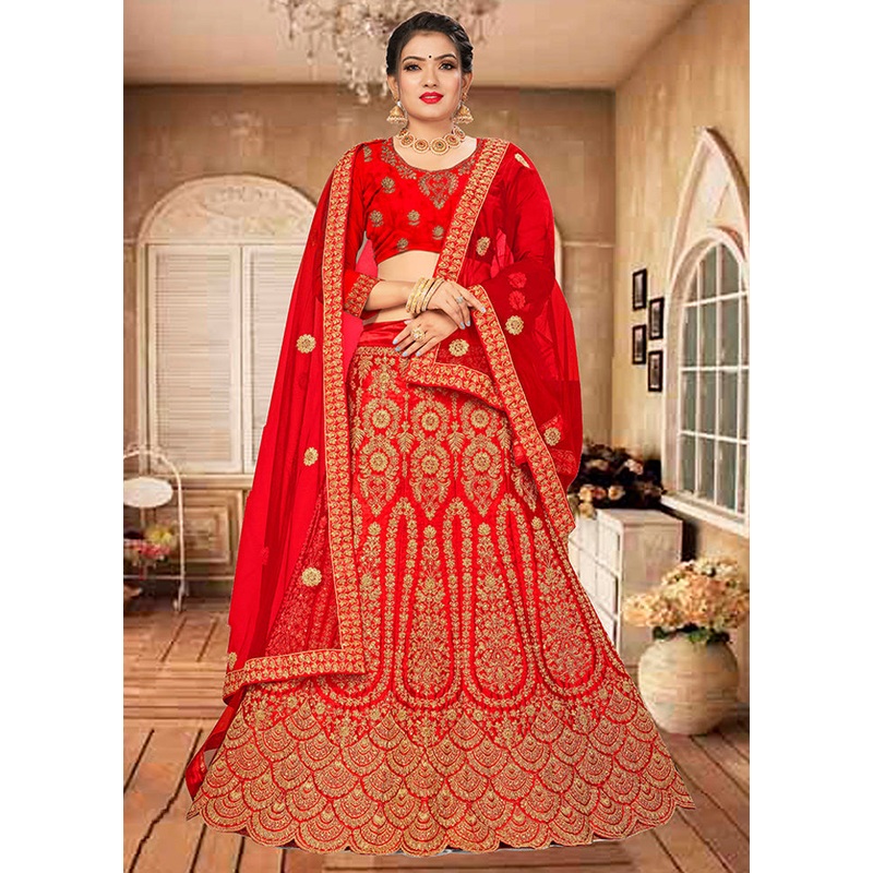 Red Semi Stitched Blended Silk Lehenga Choli Set With Dupatta - JD986596486