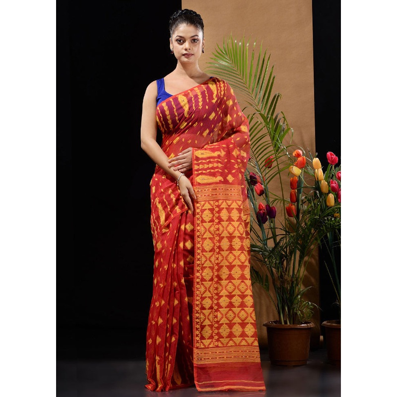 Red Tant Jamdani Saree Without Blouse Piece - JD986596507