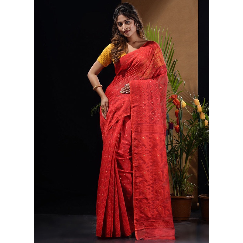 Red Tant Jamdani Saree Without Blouse Piece - JD986596536