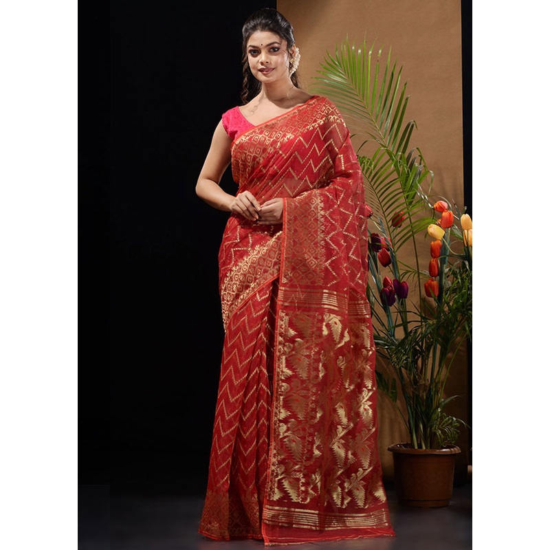 Red Tant Jamdani Saree Without Blouse Piece - JD986596538