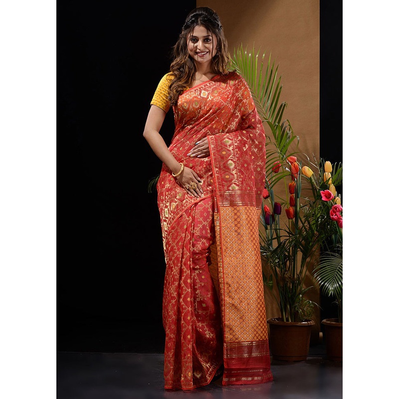 Red Tant Jamdani Saree Without Blouse Piece - JD986596569