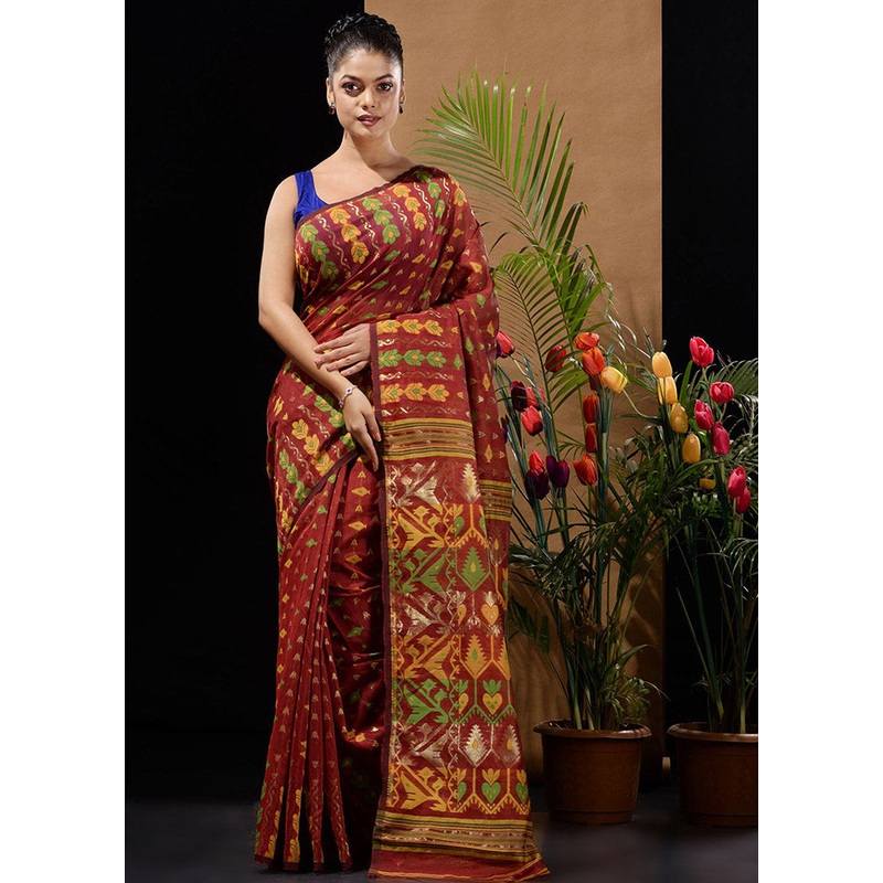 Red Tant Jamdani Saree Without Blouse Piece - JD986596574
