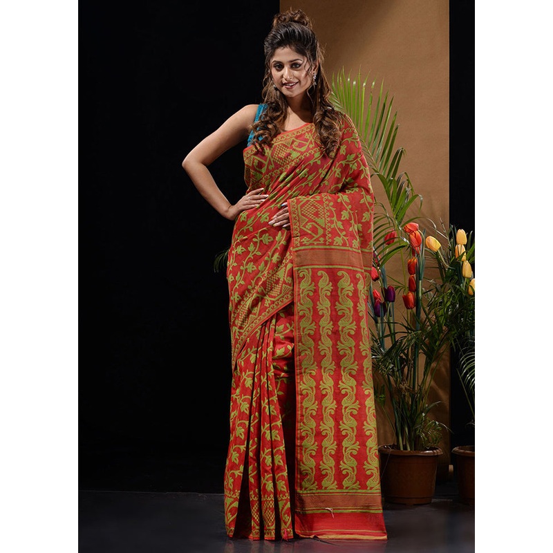 Red Tant Jamdani Saree Without Blouse Piece - JD986596585