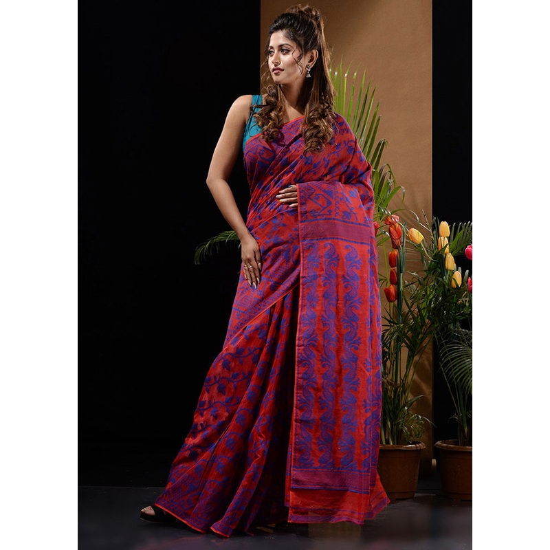 Red Tant Jamdani Saree Without Blouse Piece - JD986596586