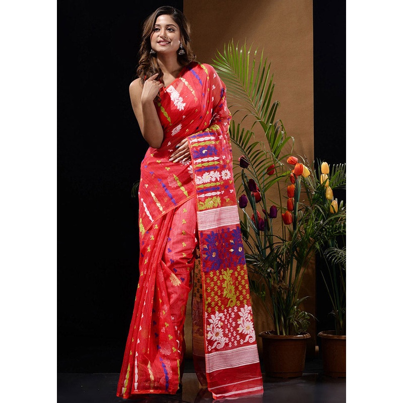 Red Tant Jamdani Saree Without Blouse Piece - JD986596590