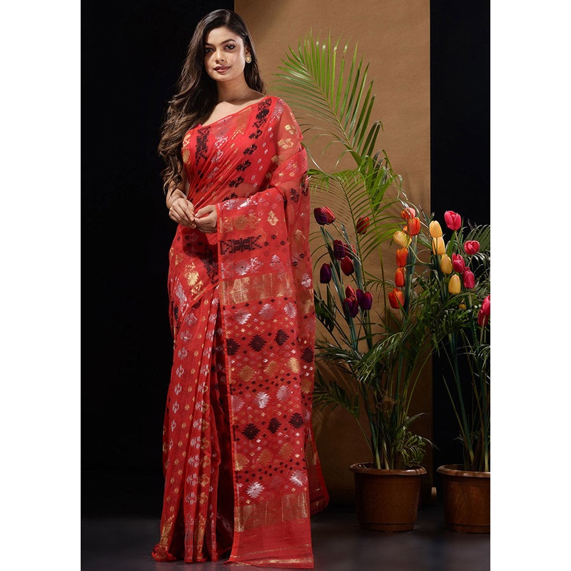 Red Tant Jamdani Saree Without Blouse Piece - JD986596632
