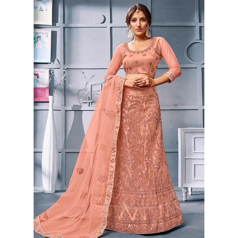 Rust Semi Stitched Net Lehenga Choli Set With Dupatta - JD986596481